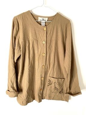 Erin London 100% Silk Safari Jacket Giraffe Print Button Front Tan Blazer